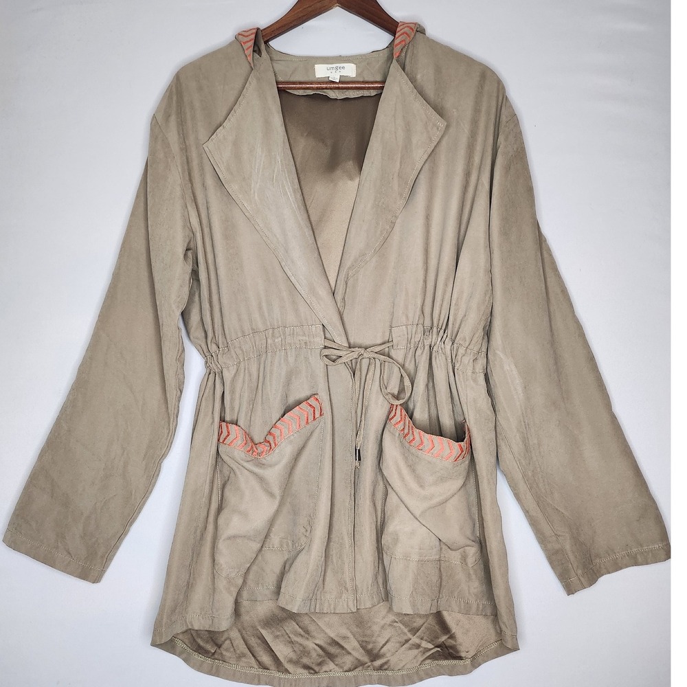 Umgee USA Cardigan Light Jacket Large Cinched Waist Closer Pockets Safari